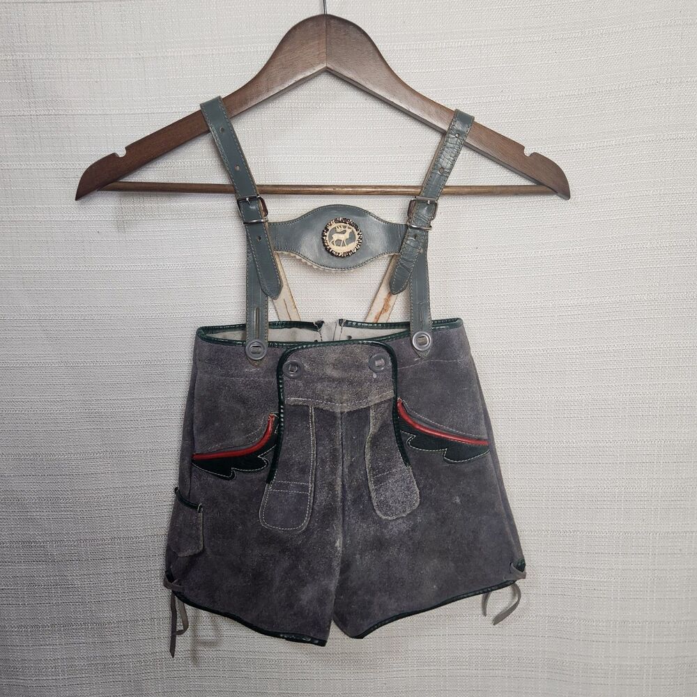 Vtg Suede German Children's Gray Lederhosen Shorts Bib Oktoberfest Size 4T-5